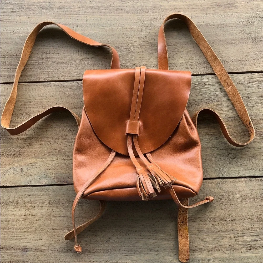 Leather Tassel Drawstring Backpack - Brown